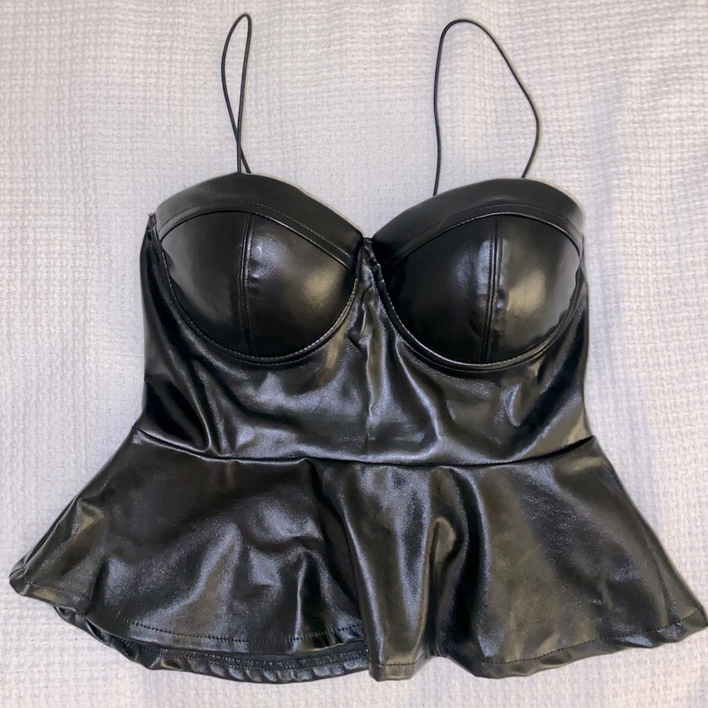 Black Leather zip up bustier peplum top.
